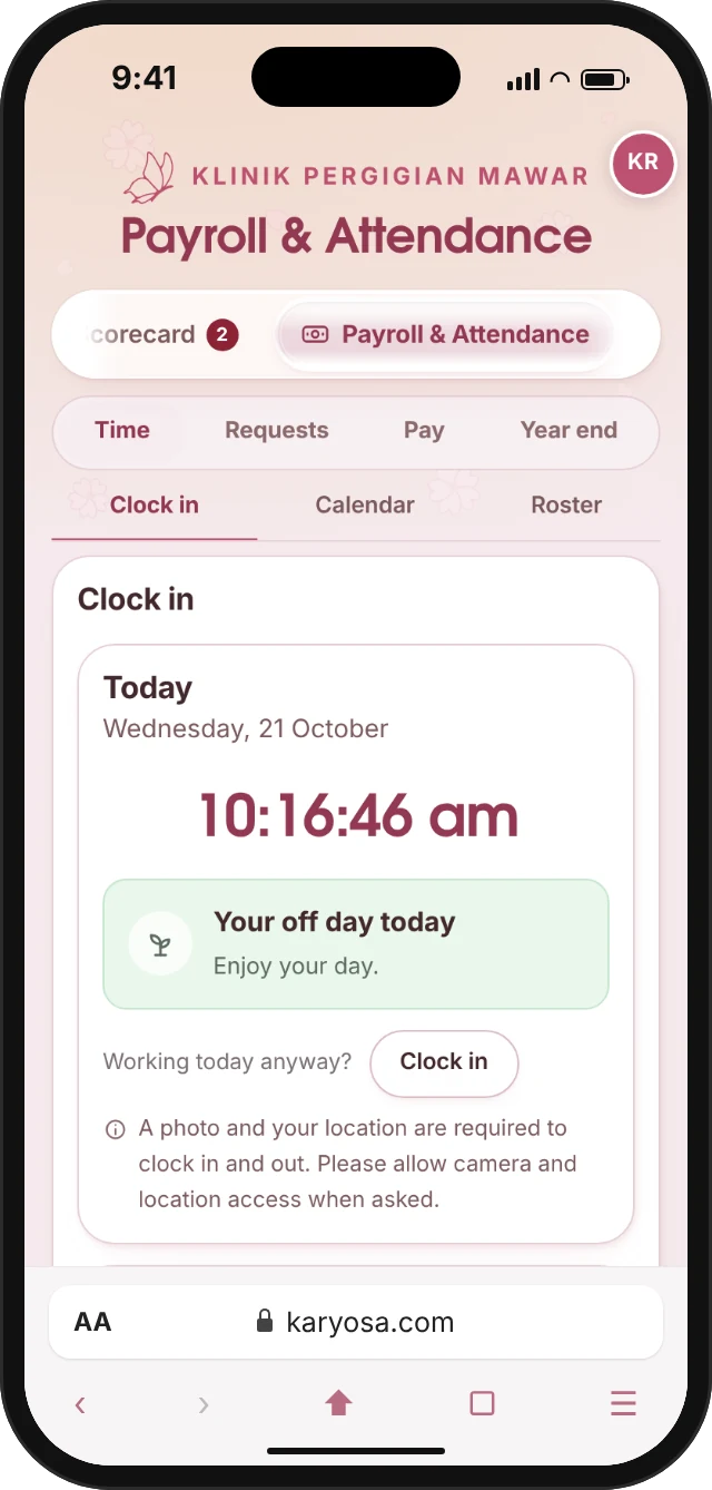 The clock-in screen on a staff member’s phone: today’s date, the time, and a Clock in button.