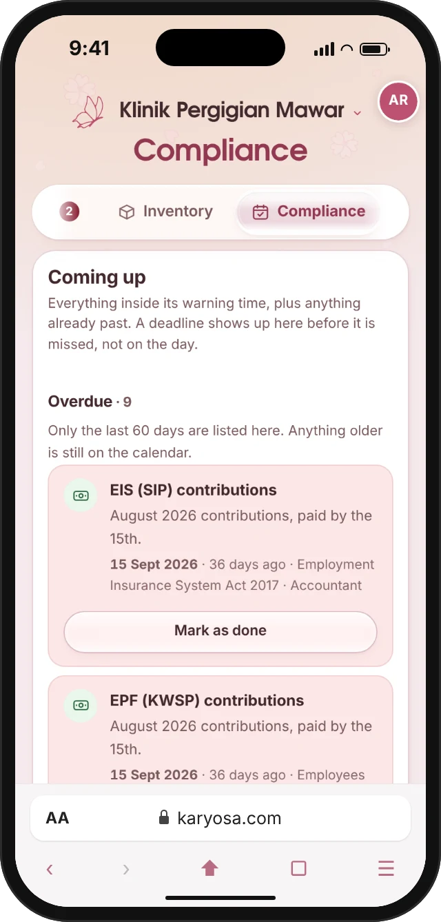 The compliance screen on a phone: what is coming up and what is overdue, with the date and the law behind it.