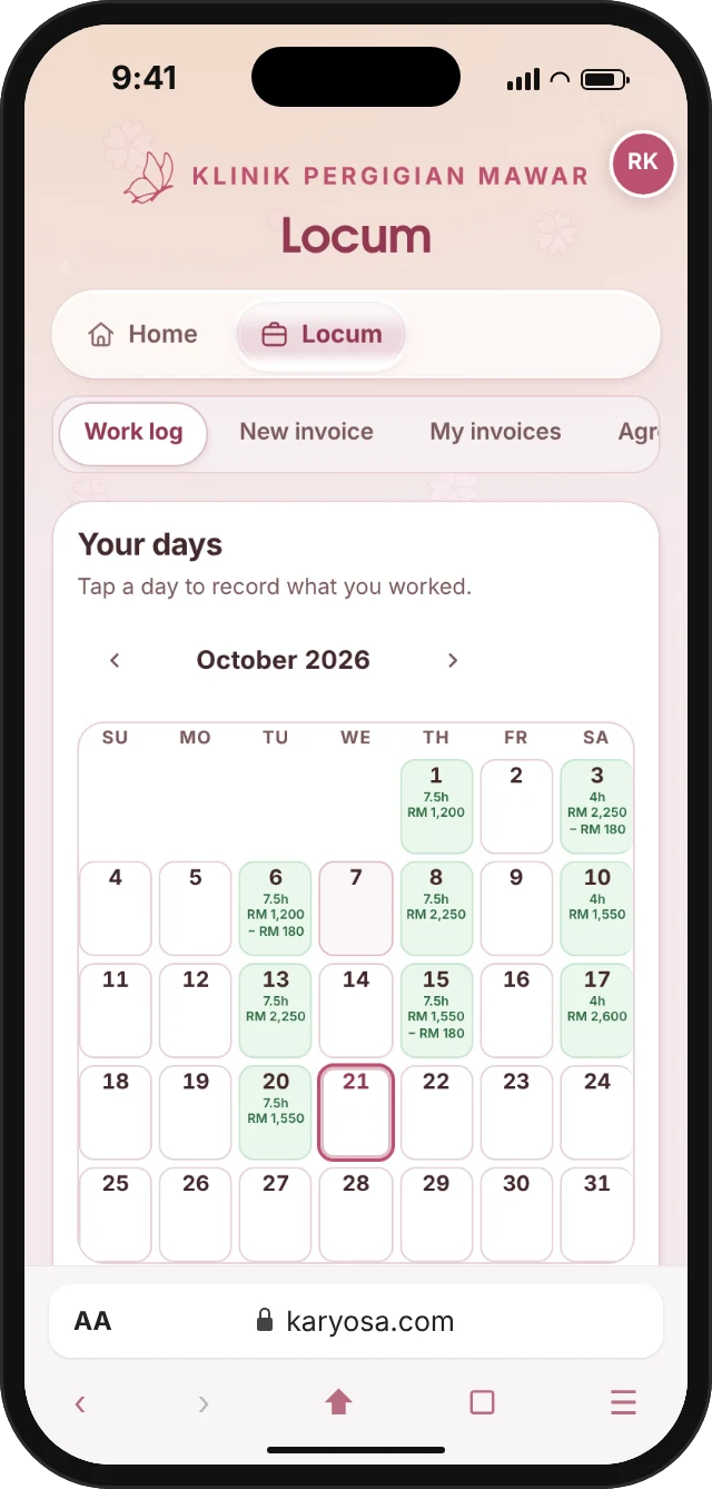 A locum’s work log on a phone: a calendar of the days worked this month.