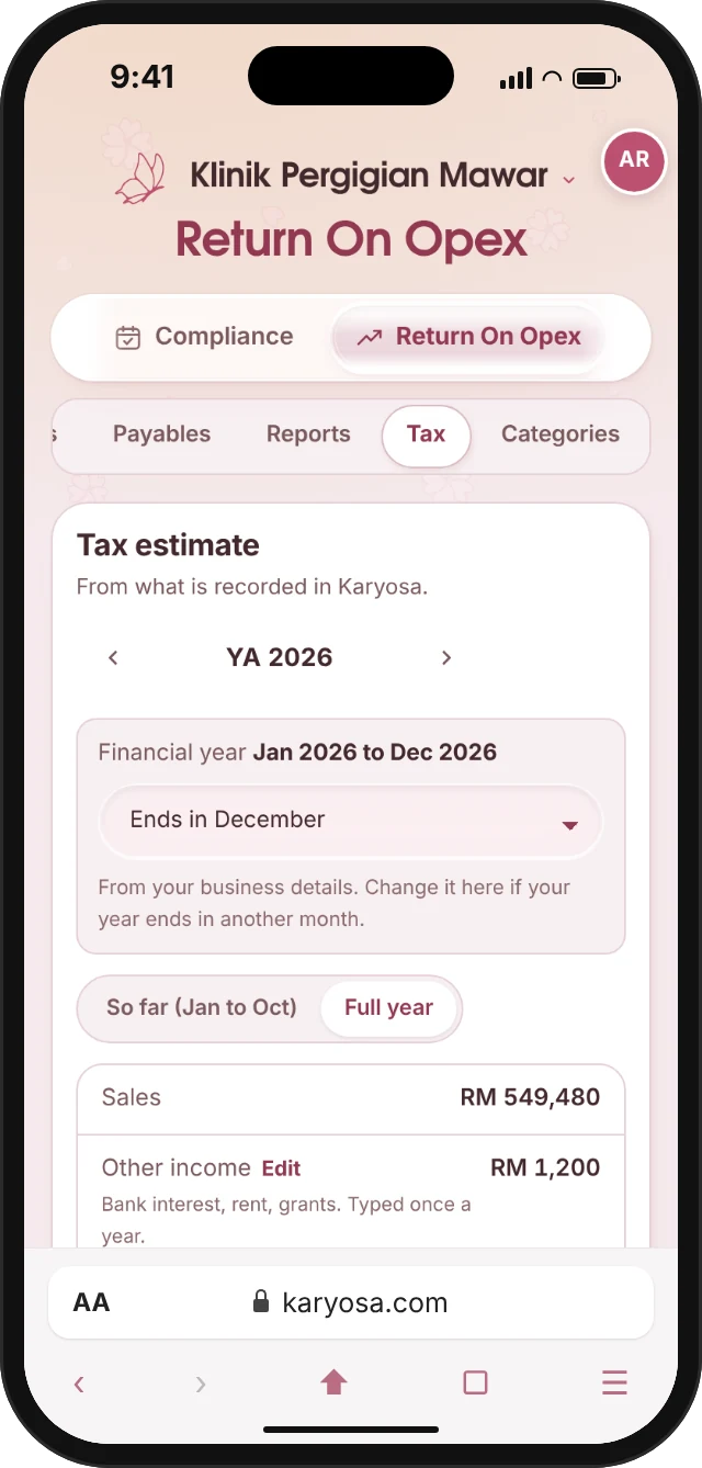 Tax estimate on a phone: profit, capital allowances, chargeable income and the estimated tax.
