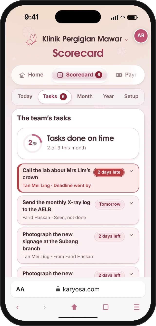 The team’s tasks on a phone: who each task is for, when it is due, and which are late.